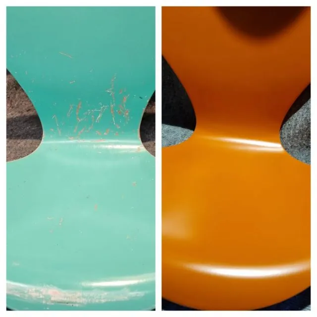 Här gar vi  har sprutlackerat sjuan stolar som var väldigt slitna . Nu har de fått en ny livfull, brun nyans och ser fantastiska ut! 

#sprutlackering #arendala #inredningslackering #sjuanstol 

www.arendala.se